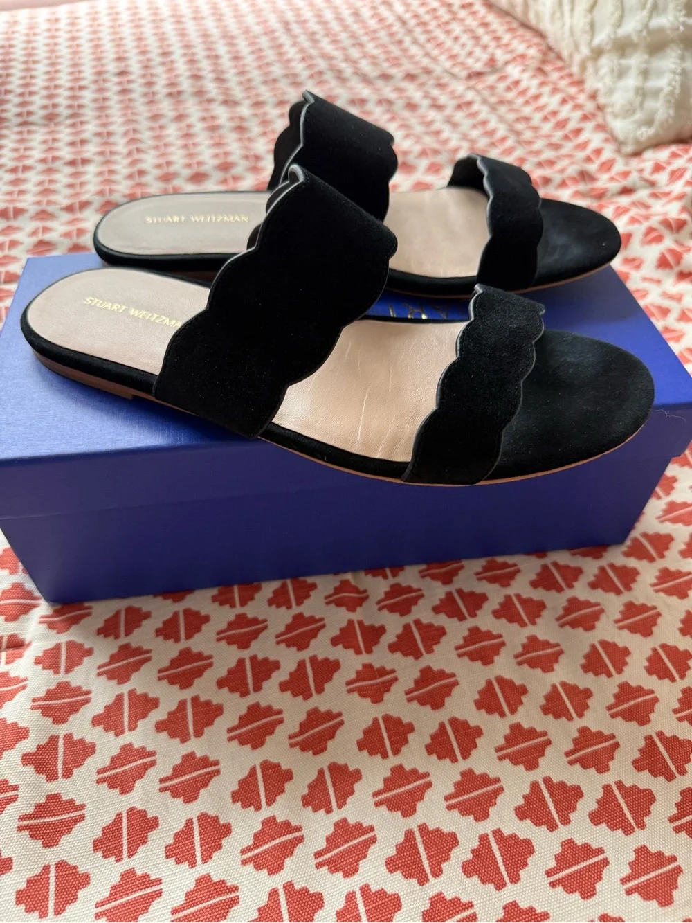 Stuart Weitzman Black Suede Scalloped Double-Strap Slide Mules